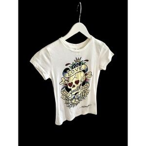 Vintage Y2K Womens Ed Hardy Graphic Shirt Size Small Love Kills Slowly Skulls